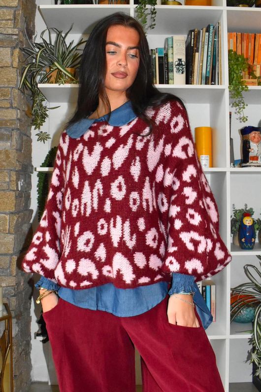 Big Softie Leopard Roo Knit Burgundy & Rose